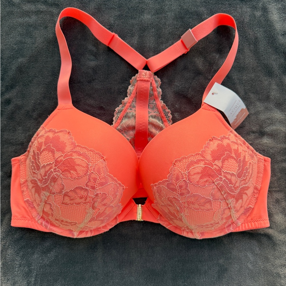 Cacique Boost Plunge Lace-Accent Coral Push-Up T-Back Bra w/ Adjustable Straps